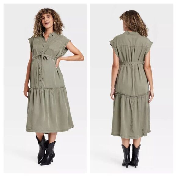 Isabel Maternity Short Sleeve Button-Front Belted Maxi Maternity Dress - Picture 1 of 4